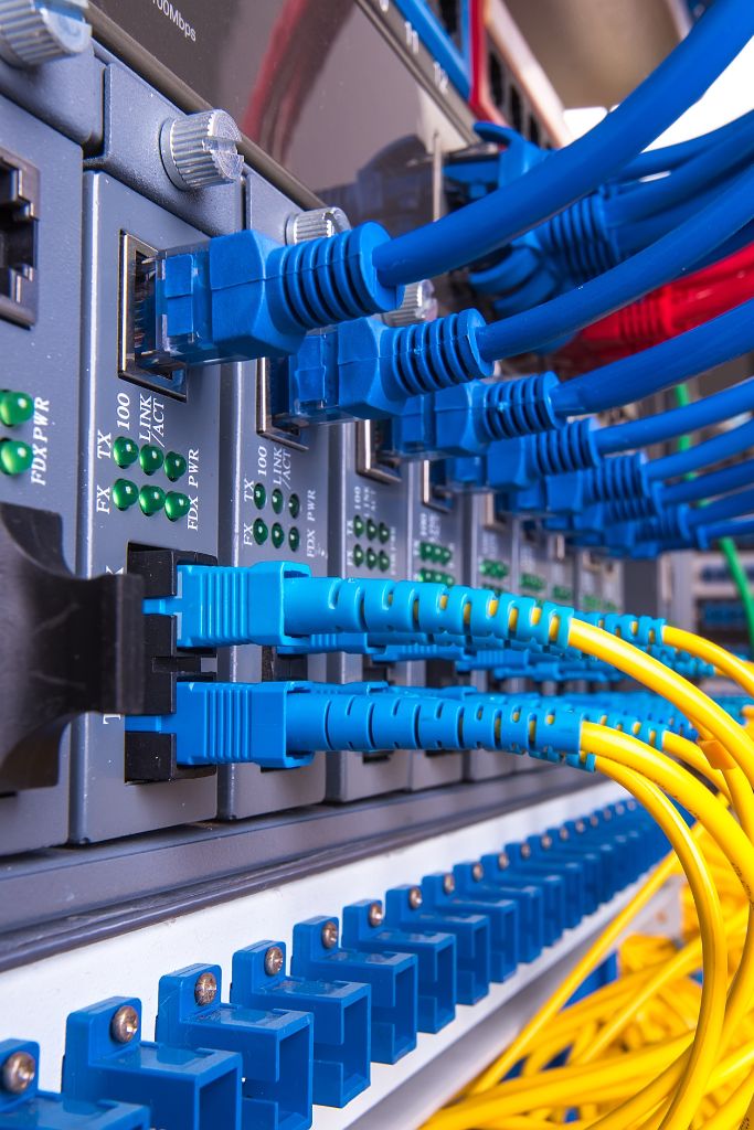 Multiple Ethernet cables being connected to a network switch, highlighting organized cable management.