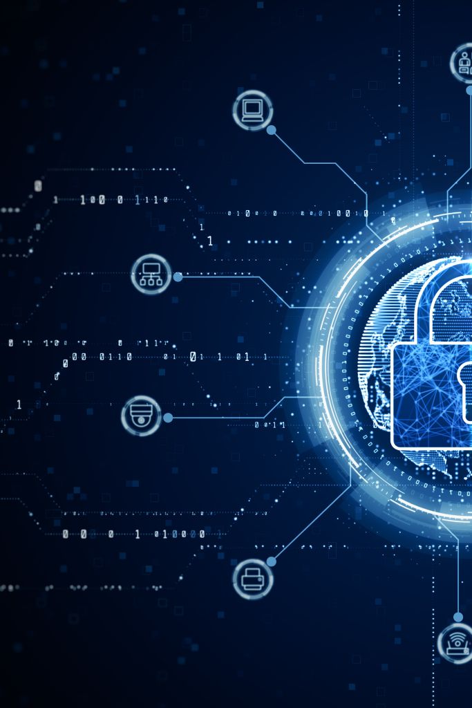 Graphic of a cyber shield connected to various devices including a computer, network symbol, printer, and router, illustrating a comprehensive cybersecurity network.