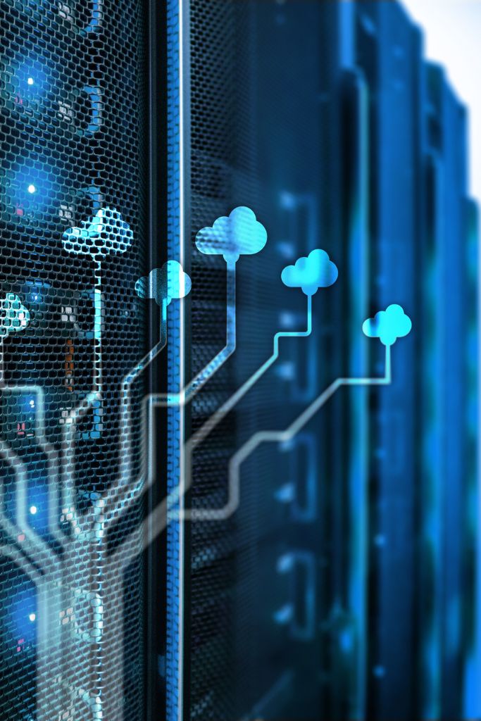 Illustrative AI cloud overlays in front of a row of data servers, representing cloud computing integration with physical infrastructure.