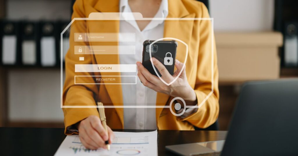 A phone user with a login overlay, representing secure and efficient help desk access provided by IT GOAT.
