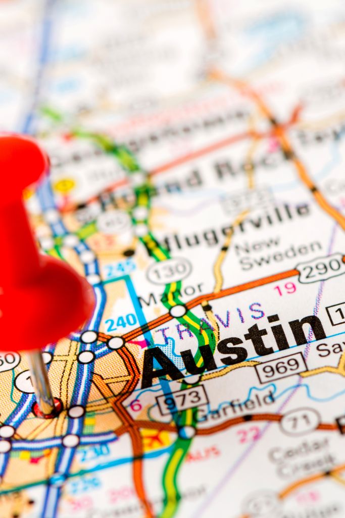 Map of Austin, TX with a red pin, illustrating IT GOAT's local IT consulting services.