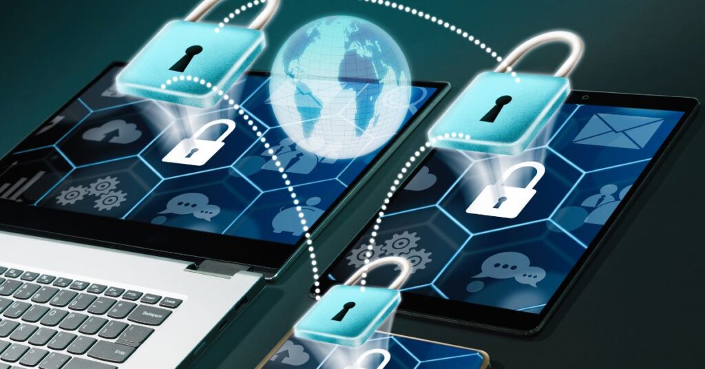 Cloud security with locks on devices representing IT GOAT's solutions for safeguarding sensitive business data across cloud-based platforms.
