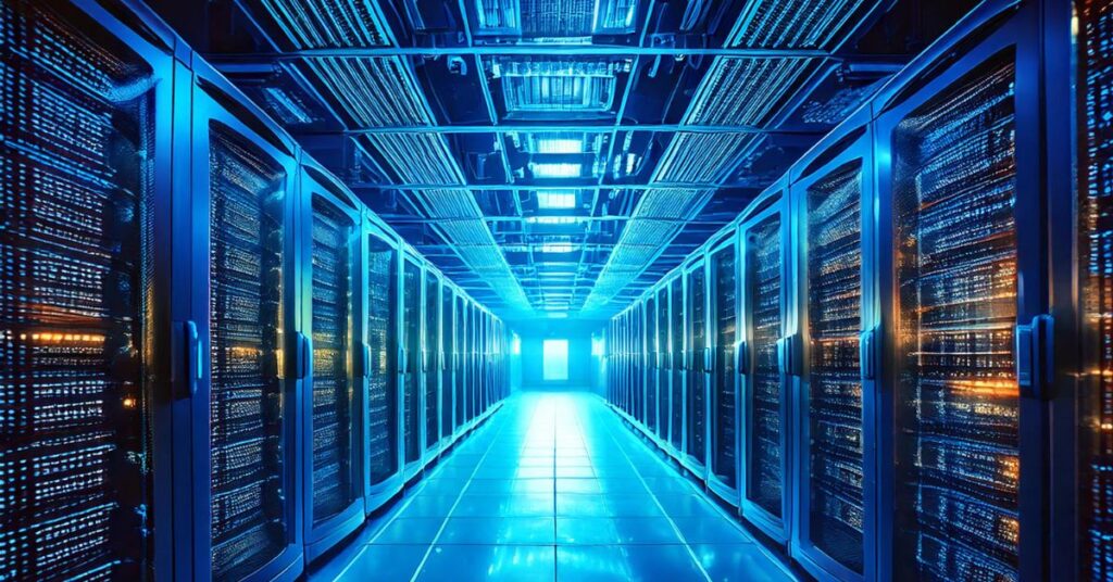 A futuristic server room symbolizing advanced network security protocols and zero trust architecture.