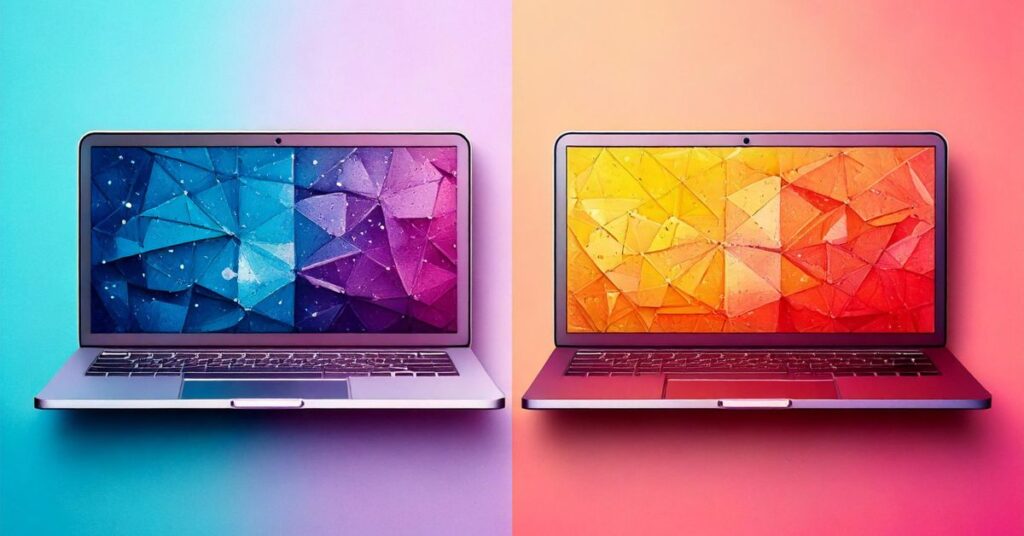 Visual comparison of MacBook Air and MacBook Pro features, including screen size and performance indicators.