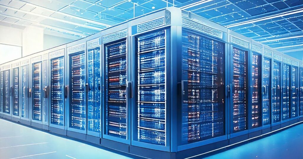 Modern data center showcasing VMware virtualization with ESXi servers and a centralized vCenter interface.