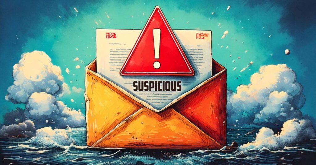 A warning sign hovering over an email labeled “Suspicious.”