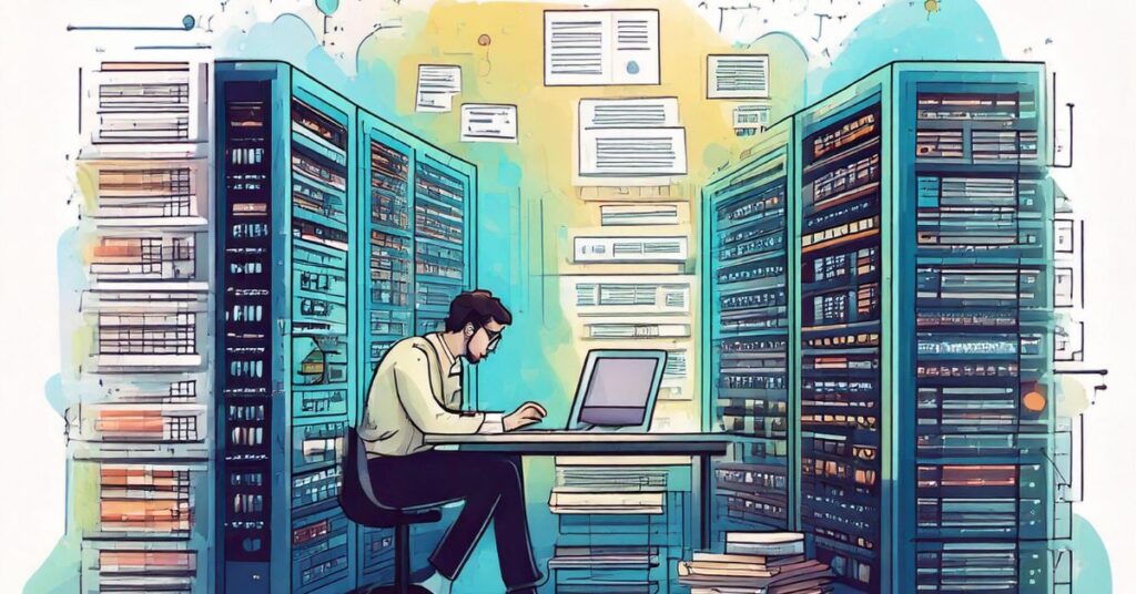 Qualified Security Assessor auditing a data center, inspecting servers and referencing compliance documents.