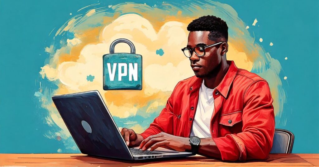 A user logging into a secure VPN on a laptop with a padlock icon displayed.