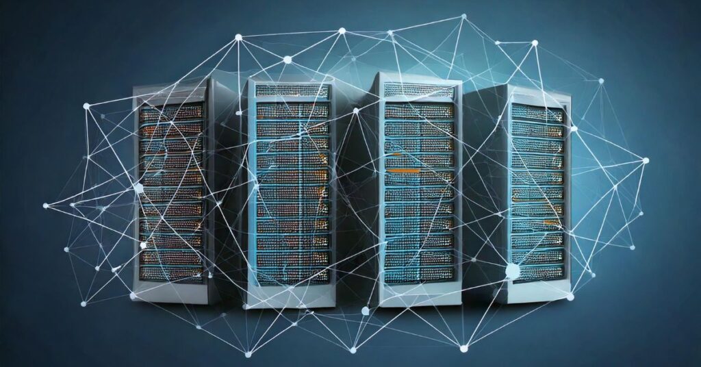 server racks containing data and surrounded by a network of processes
