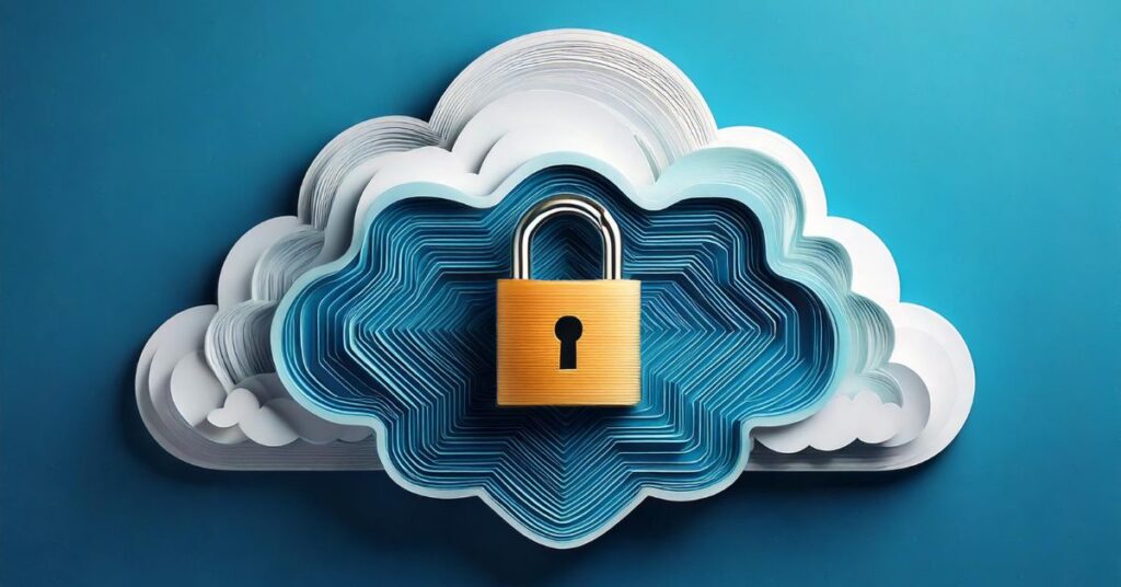 A secure lock icon overlaid on cloud storage symbols