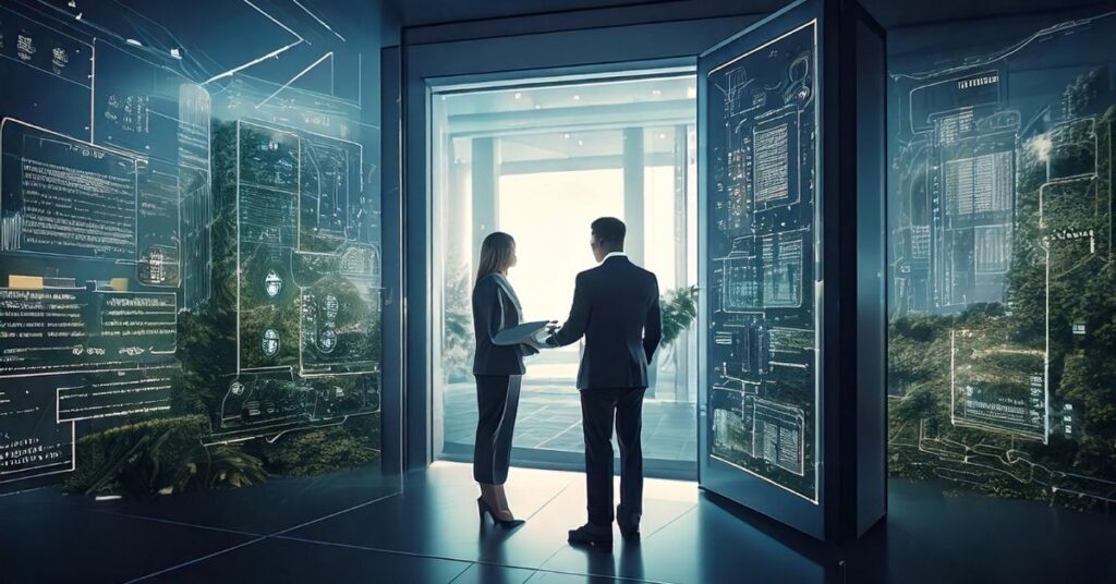 Colleagues discussing documentation near an access-controlled office area