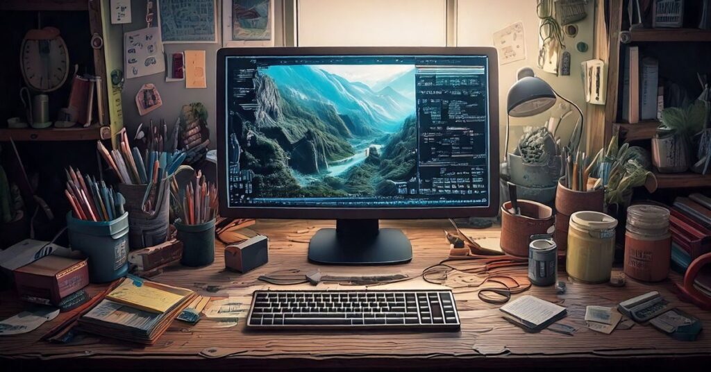 Old desktop showing a software update screen surrounded by clutter