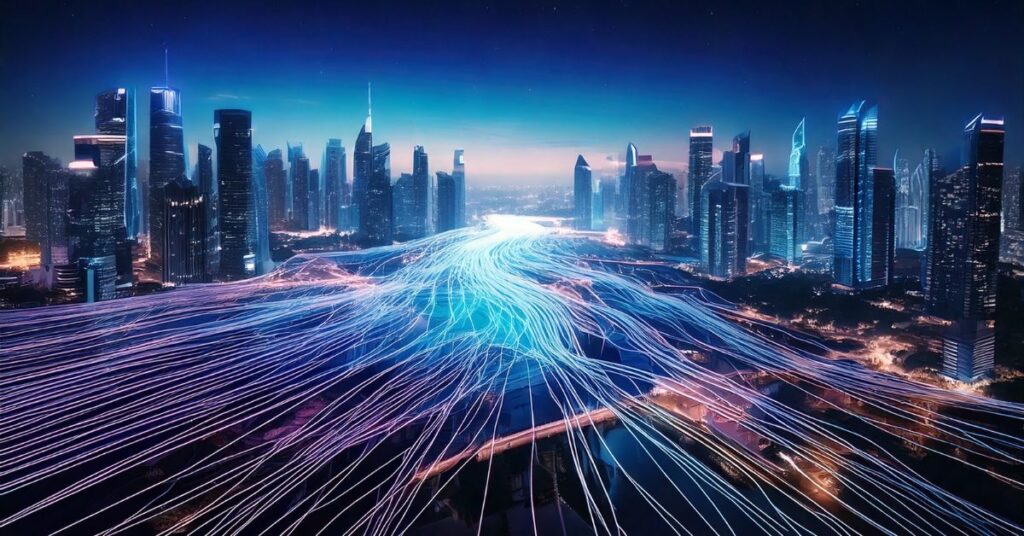Futuristic city with glowing data lines representing digital connectivity