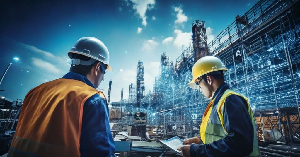 Construction employees working remotely on laptops with monitoring tools in use